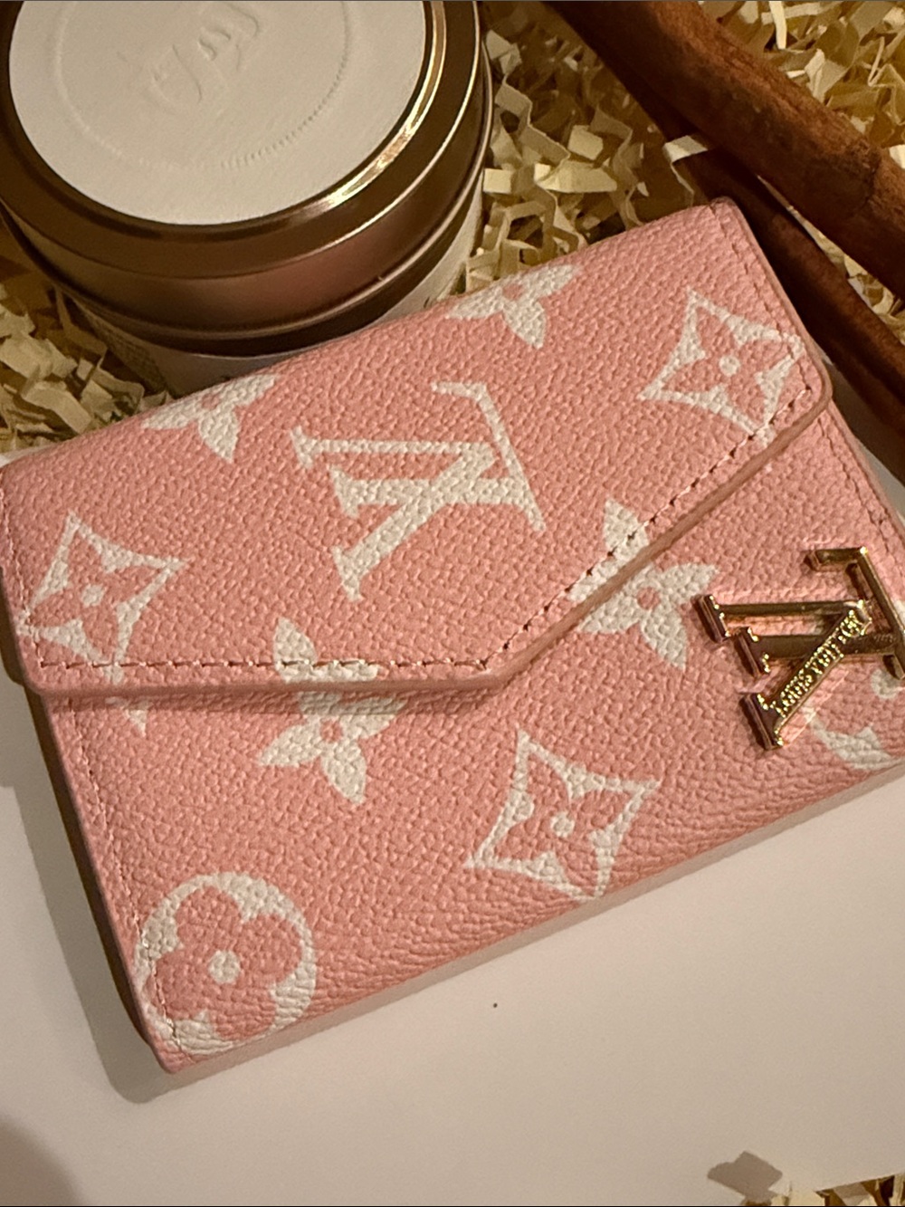 Pink & White Logo Monogram Card Holder with Gold Logo Accent